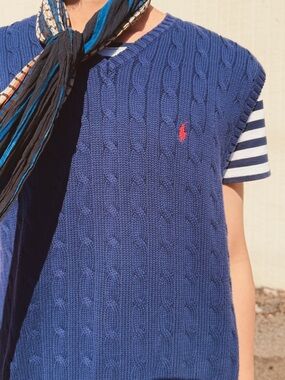 Polo Ralph Lauren Vintage Cable Knit Sweater Vest — Navy, 100% Cotton, Size L